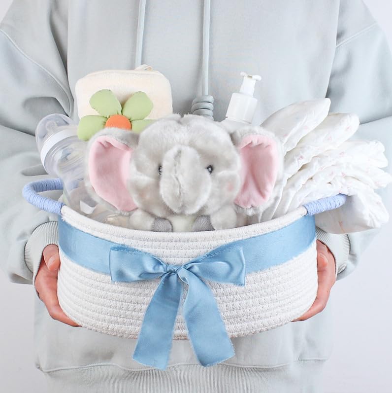 Yimi's Dream Basket for Gifts, Small Cute Shelf Baskets for Babies, Wedding, Birthday, White Rope Baskets with Blue Handle for Home Decor(Oval, 12"x 8"x 5") - color: white with blue handle, size: Oval - 12"x8"x5"