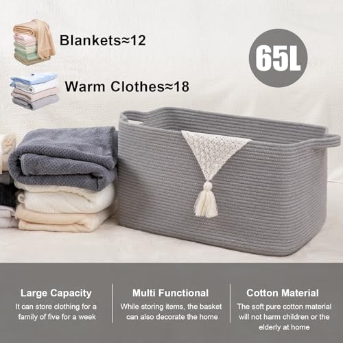 65L Cotton Rope Large Blanket Basket (19.7"x15.7"x11.8") for Living Room, Kids Room & Laundry, Storage Basket with Handle for Organizing Blankets, Pillows, Clothes & Toys, Light Grey - color: Light Grey, size: 19.7"x15.7"x11.8"