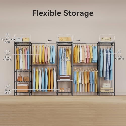 M2 Expandable Clothes Rack, Large Clothing Rack with 4 Extended Hanging Rods, Heavy Duty Garment Racks for Reach-in Closet System, Black Closet Extandable from 8'4"-11'2", Max Load 1000LBS - color: Black