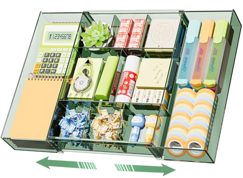 Marbrasse Expandable Desk Drawer Organizer, Clear Plastic Drawer Organizer Tray with 10 Adjustable Compartments, Desk Organizers and Accessories, 5 Drawer Dividers for Office Supplies(Clear Green) - color: Clear Green