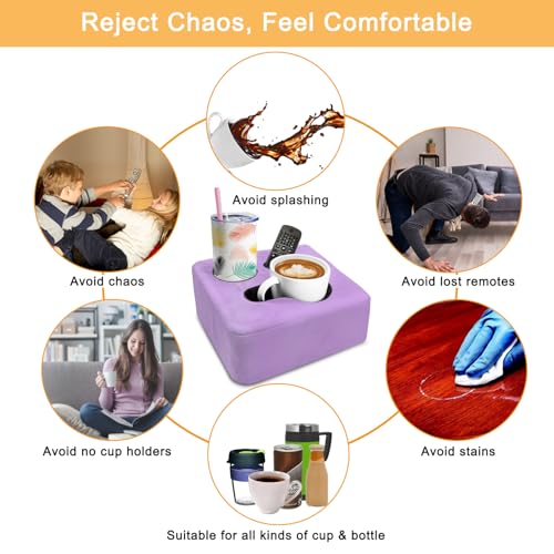Couch Cup Holder Pillow Tray & Caddy - for Sofa, Bed, Car, Man Cave | Keep Drinks at Hand & Spill-Proof Accessories for New Parents, Camping, Park, Boat, Beach -Taro Purple - color: Taro Purple, size: 9.4" x 9.4" x 3.9"