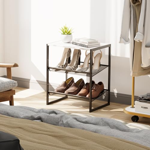 Garden 4 you Shoe Rack for Closet Narrow 3 Tiers, Small Shoe Rack with White Wooden Tabletop, Adjustable Metal Shoe Shelf for Closet Entryway Hallway Living Room - color: White, size: 3-Tier