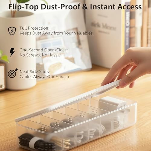 Cord Organizer Box with 7 Wire Ties – Desktop Cable Management Storage Case with Lid, Charger Cord Organizer for Drawer, Multi-Compartment Power Cord Holder for Office Home – White - size: 1pack