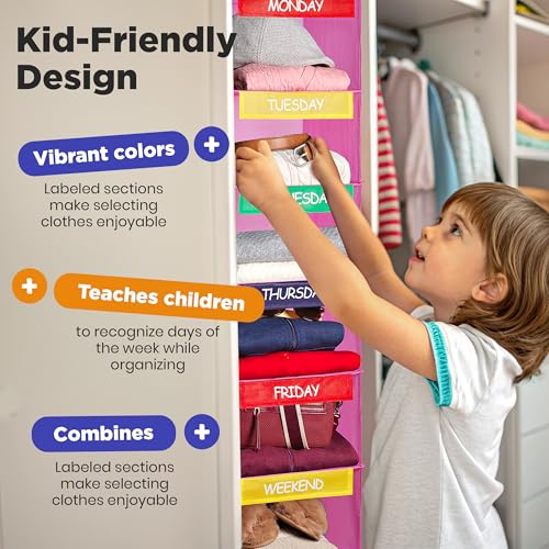 Handy Laundry Hanging Clothes Organizer for Kids - 6-Shelf Closet Daily Clothing Organization Labeled Shelves with Days of The Week Monday Through Friday, Weekday and Weekend (Pink) - color: Pink
