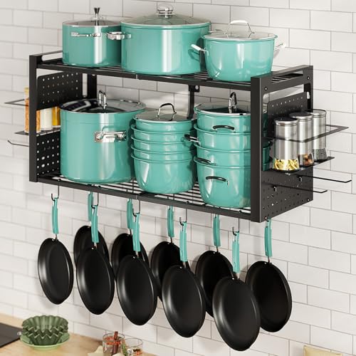 31 Inch Pot Rack Wall Mounted, 2-Tier Pots and Pans Organizer with 20 Hooks & Pan Organizer and Spice Rack, Heavy Duty Hanging Pot Hanger for Kitchen Cookware, Utensils, Black - style: without Pot Lid Holder