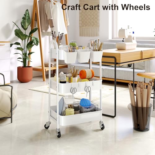 3 Tier Heavy Duty White Metal Rolling Cart with Lockable Wheels, Three Tier Roller Book Snack Cart, Utility Storage Organizer Carts for Kitchen, Bathroom, Garage, Baby Diaper, Craft, Art, Teacher - color: Simple White, size: 3 tier
