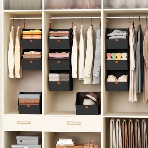 Homsorout Collapsible Hanging Closet Organizer - 3 Tier Closet Shelves Storage System with Hooks, Fabric Hanging Storage Bins for Clothes, Foldable Storage Basket for Laundry, Bedroom, Rv, Black - color: Black, size: 3 shelves