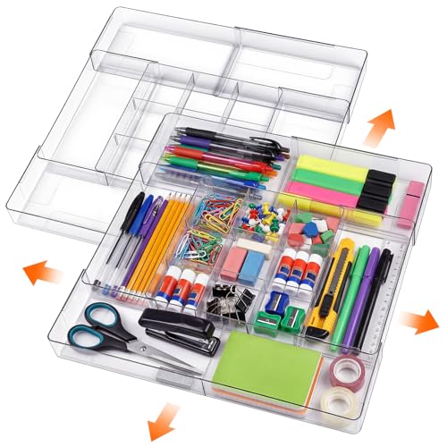 Briwooody 2 Pcs Large Expandable Acrylic Drawer Organizers, Grid Adjustable Drawer, Dividers Organizer for Desk, Makeup, Jewelry, Office, Kitchen Supplies (Clear,15 Compartments) - color: Clear, size: 15 Compartments