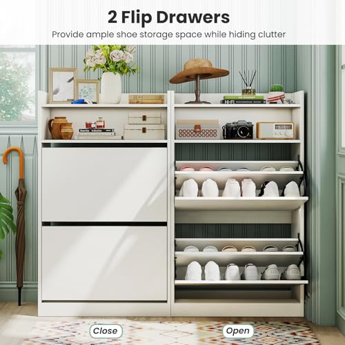 GOFLAME Shoe Storage Cabinet with 2 Flip Drawers, Hidden Shoe Storage Organizer with Adjustable & Removable Shelves, Freestanding Narrow Shoe Rack for Entryway, Hallway, Living Room, White