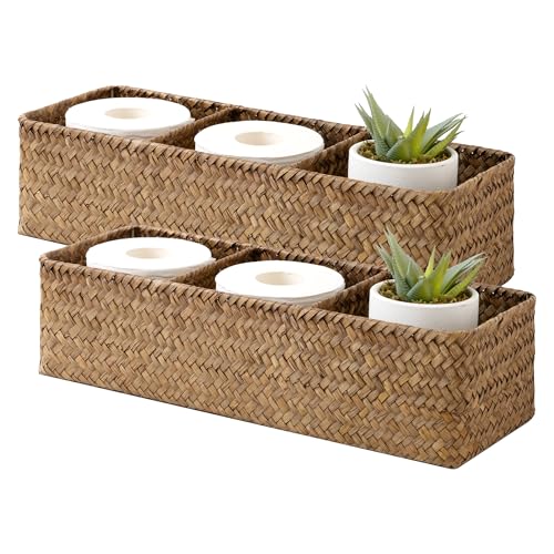 StorageWorks Toilet Paper Basket for Back of Toliet，Basket with 3 Enlarged Compartments, Seagrass Toilet Paper Storage Baskets, 16½"x 5½"x 5½", Brown, 2-Pack - color: Brown（Seagrass）, size: 16½"L x 5½"W x 5½"H