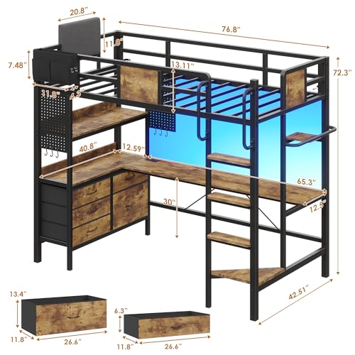 Dnxao Loft Bed Twin Size with L-Shaped Desk,Heavy Duty Metal Loft Bed for Adults Teens, 5 Storage Drawers & LED Lights,Charging Station,No Box Spring Needed, Space Saving for Small Room, Rustic Brown | Clothes Rack - color: Rustic Brown, size: Twin loft b