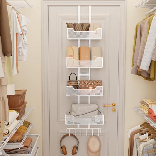 Dmevkic Purse Organizer Over the Door,Adjustable Metal Purse Holder Handbag with 5 Hooks, Purse Organizer for Closet, Bathroom Door Organizer,White - color: White