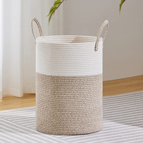 VIPOSCO Large Laundry Hamper, Tall Woven Rope Storage Basket for Blanket, Toys, Dirty Clothes in Living Room, Bathroom, Bedroom - 58L White & Brown - color: Brown, size: 58L