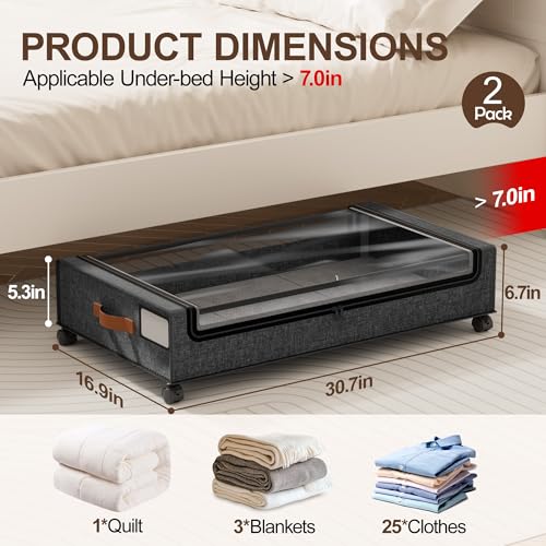 LAMU Under Bed Storage with Wheels, 2 Pack Under Bed Storage Containers with Clear Lid, XXL 60L Underbed Storage Bins, Rolling Under Bed Metal Drawers for Clothes, Blankets, Shoes, Hemp Grey - color: Hemp Gray, size: 2 Pack