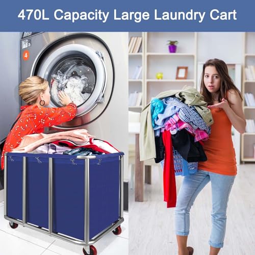 Commercial Laundry Cart with Wheels, 470L Industrial Rolling Laundry Basket, Large Heavy Duty Laundry Sorter with Watertight Oxford Bag & Sturdy Steel Frame for Home, Hotel, Hospital, 440 lbs (Blue) - color: Blue