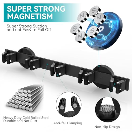 Magnetic Mop Broom Holder, Strong Non Slip Magnetic Broom Mop Hanger, Heavy Duty Magnetic Hooks for Hanging Shovel Rake Tools, Wall Mounted Utility Storage Magnet Rack (5 Rack) - color: 5 Rack - Broom Mop Holder
