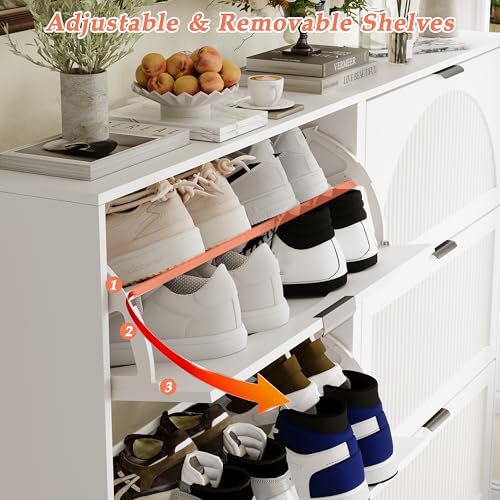 Shoe Storage Cabinet with 6 Flip Drawers, Narrow Wood Shoe Organizer Cabinet with Fluted Panel, Slim Shoe Rack for Entryway, Freestanding Shoe Cabinet for Living Room, Hallway, White - color: White, size: 6-Drawers