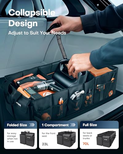 HOTOR Trunk Organizer for Car - Car Organizer, Foldable Trunk organizer for SUVs & Sedans, Sturdy Organization for Car Accessories, Tools, Sundries, Black, 3 Compartments, 31.9"×12.6"×10.6" - color: Black, size: X-Large (3 Compartments)