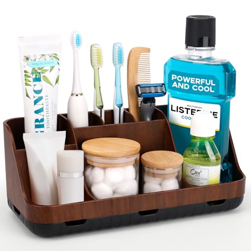 GFWARE Wood Toothbrush Holders for Bathrooms Countertop Organizer - Detachable 7 Slots Kid Bathroom Decor and Accessories, Wooden Bathroom Sink Storage Organization, Caddy, Tray, Brown - color: Wood Brown