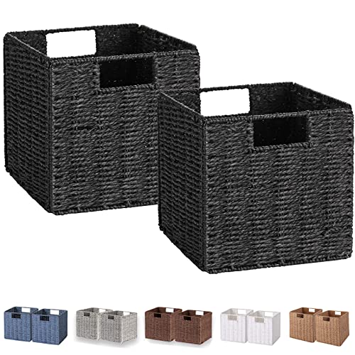 Vagusicc Wicker Basket, Set of 2 Woven Storage Baskets for Shelves, Foldable Cube Storage Basket Bins with Handles, 9 inch Small Storage Baskets for Organizing Pantry Bedroom, Black - color: Black, size: 9'' x 9'' x 9''