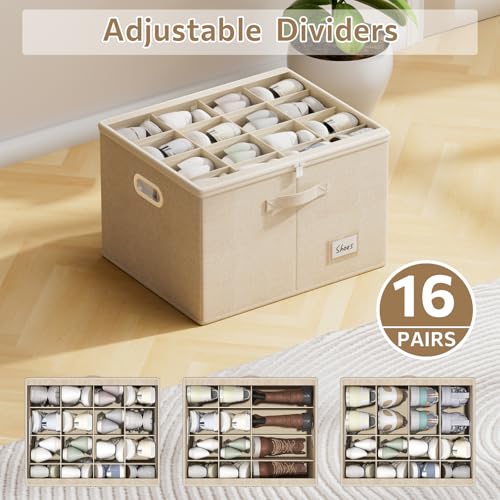 2 Pack Shoe Organizer for Closet Large Shoe Box Storage Containers with Clear Window Space Saving Shoe Bin with Foldable Bottom Support Adjustable Dividers Fits 32 Pairs (Beige, (19.7x15.7x13inch)x2) - color: Beige, size: (19.7x15.7x13inch)x2