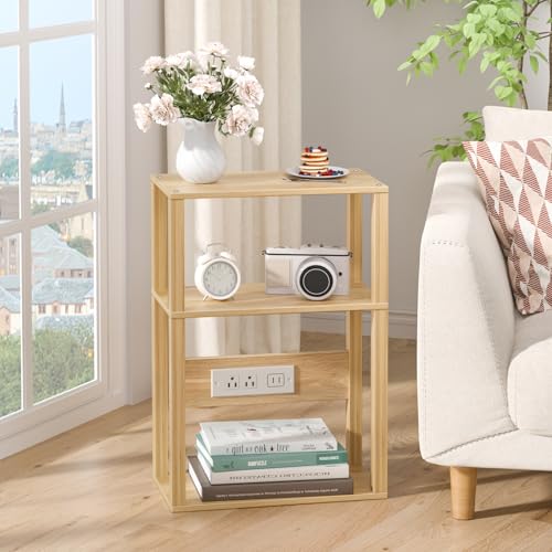 YUFAM Small Narrow Wood Side Table with Charging Station, 3-Tier Slim End Table for Small Space, Skinny Nightstand with Storage for Couch, Thin Bedside Table with USB Ports and Outlets, Natural - color: Natural, size: 1 Pack