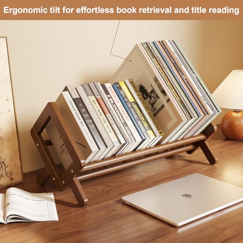 Premium Desktop Bookshelf Organizer, Small Bamboo Desk Book Rack Shelf for Magazine, Cookbook,Books, Retro Brown Table Top Bookcase Shelves Holder Storage, Wooden Tabletop Holders Racks for Countertop