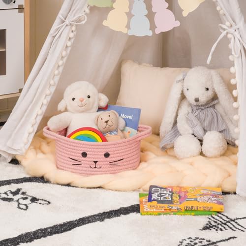 Small Rope Basket, Pink Cute Cat Toy Basket for Living Room, Gift Baskets Empty for Living Room, Decorative woven Baskets for Nursery, Baby Organizing & Towel Storage, 9.8 x 4 inches - color: Pink, size: 9.8"W x 4"H