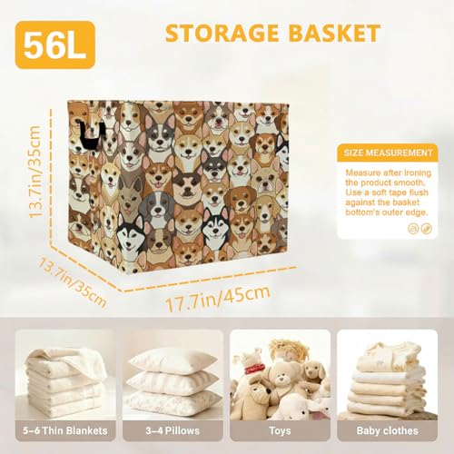 56L Dogs Print Laundry Basket Clothes Hamper with Handles,Foldable Blanket Storage Large Laundry Hamper with Waterproof PE,Toy Storage Bin Organizer,Cube Clothes Organizer,Home Decor - color: Dogs