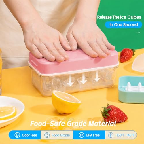 PHINOX Ice Cube Tray with Lid and Bin, 3 Pack Plastic Ice Cube Tray Molds, 84 pcs Ice Trays for freezer, Chilling Drinks, Whiskey & Cocktails, with Ice Container and Ice Scoop, BPA-Free - color: Pink, size: 0.8"-3tier