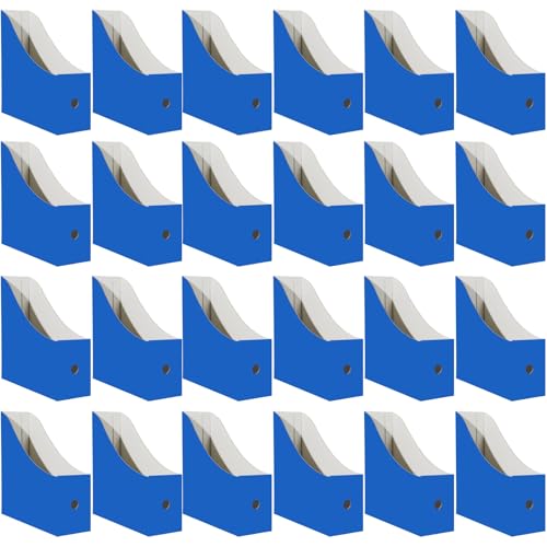 Limitliho 24 Pack Cardboard Magazine File Holder for Desktop ，Blue Book Bins for Classroom Library, Office or Home, Vertical Paper Boxes for Storage with Label(10.6" H x 10.2" L x 3.5" W in) - color: Blue