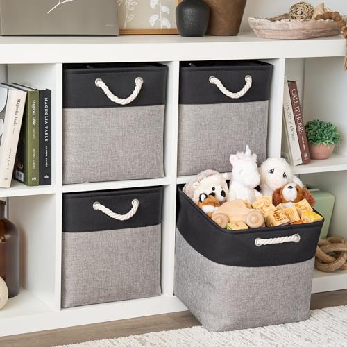 OrganiHaus 13x13 Cube Storage Bins 4 Pack, Foldable Cube Storage Organizer w/ Rope Handles, Collapsible Fabric Bins for Toys, Clothes & Closet Organization, Fabric Square Baskets - Gray/Black - color: Gray Base / Black, size: 4 pcs (13x13)