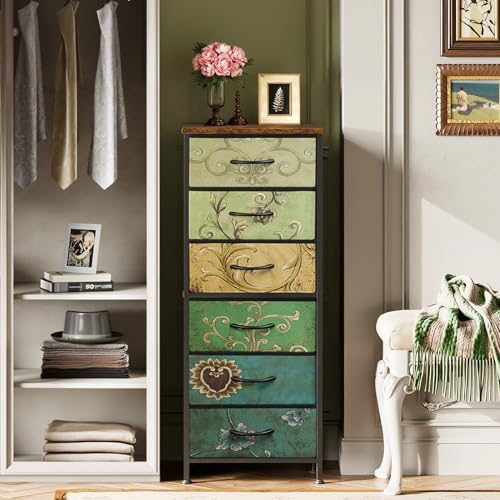 WLIVE Tall Dresser for Bedroom, 6 Drawer Vertical Fabric Dresser, Skinny Chest of Drawers for Closet, Narrow Storage Tower with Metal Frame, Tall Nightstand for Small Spaces, Floral Painted - color: Floral Painted, size: 11.73"D x 15.67"W x 39.37"H