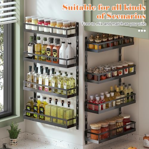 X-cosrack 8-Tier Adjustable Spice Rack – Wall-Mounted Space-Saving Organizer with Mixed Baskets, Large-Capacity Seasoning Holder for Kitchen & Pantry (Black) - color: Black, size: 8x 4.6"D