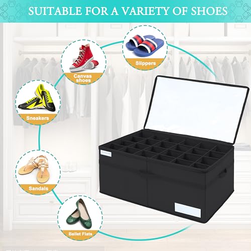 Luvhomee Shoe Storage Organizer, Fits 24 Pairs, Large Shoe Organizer Box for Closet, Clear Foldable Shoes Containers w/Bottom Support, Space Saving Shoe Cubby Storage Boxes w/Reinforced Handles, Black - color: Black, size: 31"L x 16½"W x 13"H