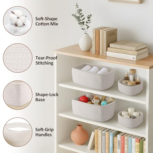 5-Pack Small Woven Rope Storage Baskets – 2 Sizes Organizer Bins for Closet, Shelf, Bookshelf, Nursery, Changing Table, Fabric Cube Boxes, Rectangular Shallow Bins for Bathroom, Toy & Home - color: White