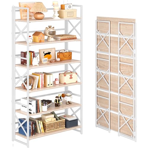 4NM Extra Wide 6 Tiers No Assembly Book Shelves, 61.8" H Folding Bookshelf Bookcase Open Industrial Foldable Shelves for Bedroom, Living Room, Home Office - Natural White - color: Natural White, size: Wide XX 6-Tier