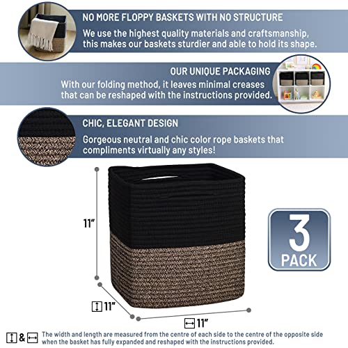 NaturalCozy Storage Cubes 11 Inch Cotton Rope Woven Baskets for Organizing, 3-Pack | Cube Storage Bin | Square Storage Baskets for Shelves Organizer, Classroom, Kids Toy Bins, Closet, Baby Nursery - color: Black & Mixed Black