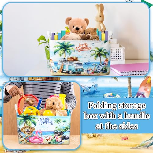 Geelin 3 Pcs Beach Baskets Summer Storage Basket for Gifts Collapsible Waterproof Canvas Cute Storage Bin Organizer with Handles for Book Closet Shelf Nursery Decor - style: Beach