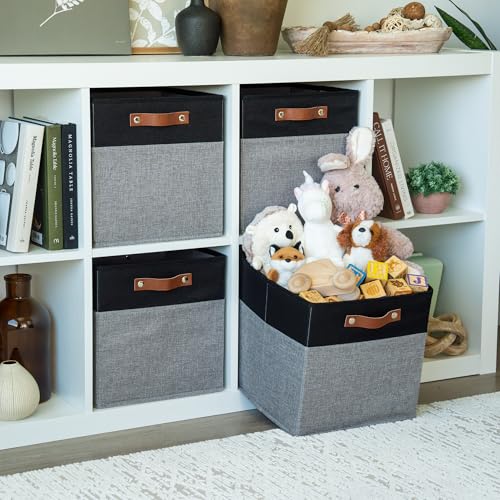 OrganiHaus 12" x 12" x 12" Fabric Storage Bins - Set of 4, Cube Canvas Organizer Bins with Vegan Handles, Kallax Storage Cubes, Cubbies Organizer Boxes, 12 Inch Cubic Baskets for Shelves - Grey/Black - color: Gray Base / Black, size: (12x12) Leather Handl
