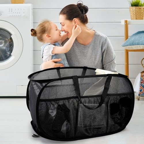 2 Pack Collapsible Laundry Baskets, Upgrade Pop Up Laundry Hamper with Convenient Bags, Foldable Laundry Basket Mesh Light Weight, Easy to Carry Clothes Hampers for Laundry, Dorm, Toys, Travel Black - color: 2xBlack
