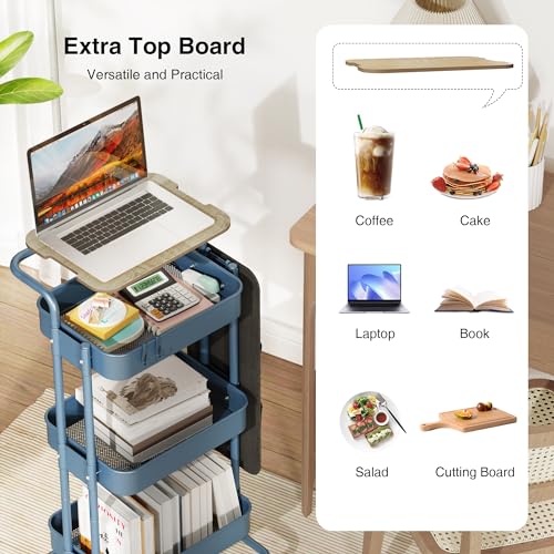 DTK 3 Tier Metal Utility Rolling Cart with Table Top and Side Bags, Metal Tray Storage Organizer Cart with Wheels, Art Craft Cart with 4 Hooks for Kitchen Bathroom Office Living Room (Blue) - color: Blue, size: Large