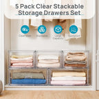 Vtopmart 5 Pack Large & Medium Stackable Drawer Organizer Set, 108QT Easy Assembly Clear Plastic Storage Cabinet, Durable Dresser for Closet, Bedroom, Entryway, Playroom & Apartment Organization - style: 2pk L & 3pk M