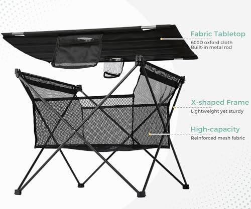 Lightweight Camping Table - Portable Folding Beach Side Table w/2 Cup Holders & Large Storage Basket, Compact Fold for Tailgate Travel Outdoor Fishing Picnic | 29.2" W x 21.7" D (Black) - color: A: Black