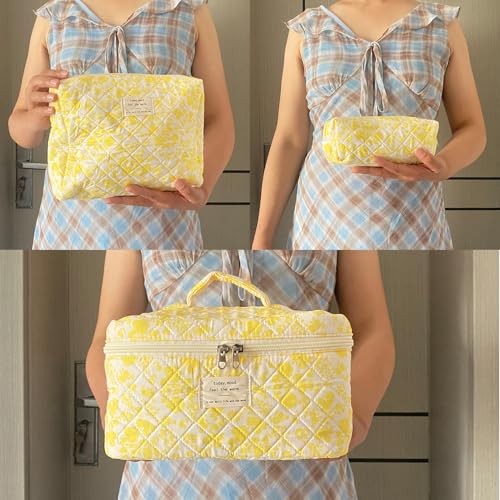 Yellow Large Quilted Floral Makeup Bag Set of 3 Cute Coquette Aesthetic Cosmetic Bag Set Travel Toiletry Bag for Women - color: B-3Pcs Yellow