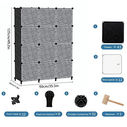 AWTATOS 12 Cube Storage Organizer with Doors, DIY Plastic Closet Shelf, Modular Bookshelf, Stackable Shelving Rack for Bedroom, Living Room, Black ULPZ012 - color: Black