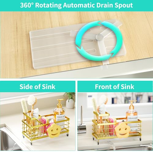 HapiRm Sink Caddy Sponge Holder - Self-draining Kitchen Sink Organizer with Smiley Face and Brush Holder, Stainless Steel Kitchen Organizer for Countertop - Gold - color: Gold, size: Twin