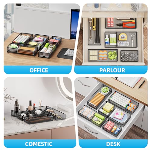 Marbrasse 5 Pack Desk Drawer Organizer Set, Mesh Drawer Storage Trays with 1 Adjustable Divider, Desk Organizers and Accessories, 5 PCS Drawer for Office Supplies, Makeup & Vanity (Black) - color: Black