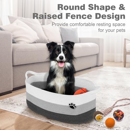 Optish Dog Toy Basket, Toy Box and Bin for Dog Cat Storage, 19.7" X 11" X 7.9" (30L) Large Woven Basket for Blanket Storage, Rope Baskets for Living Room, Bedroom, White & Grey - color: White-Grey, size: 19.7"L x 11"W x 7.9"H (30L)