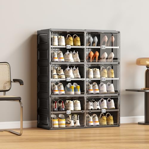 Vipbox Black Shoe Rack Organizer Cabinet for Closet Entryway,Clear Shoe Storage Boxes Stackable Sneaker Storage with Door Easy Assembly Shoe Cabinet with Lids Large 4 Tiers 16 Pairs - size: 4 Tiers 16 Pairs